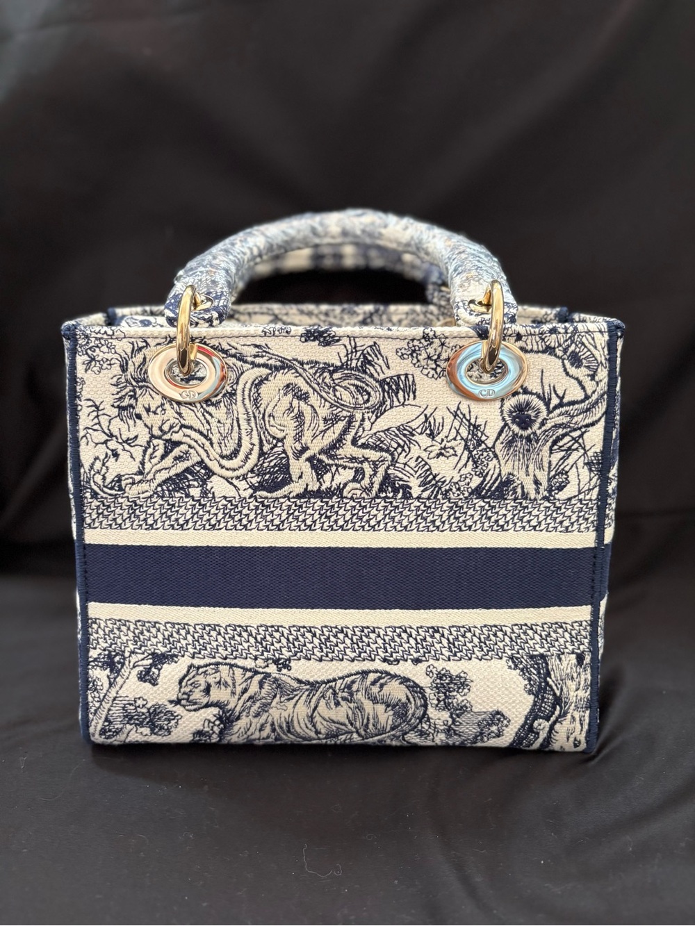CHRISTIAN DIOR Canvas Tote Embroidered Medium Lady DLite Navy LIKE NEW Condition - Picture 3 of 13